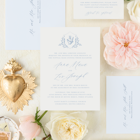 Catholic Wedding Invitation Suite, Immaculate Heart of Mary Crest, Semi-custom