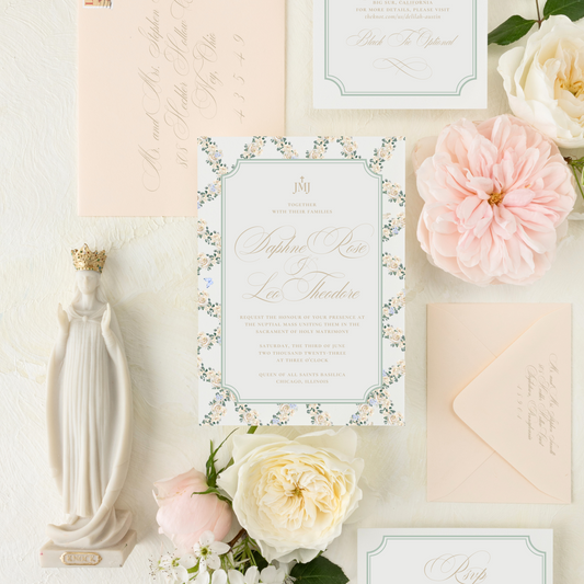 Catholic Wedding Invitations, Marian Floral Lattice, Semi-Custom