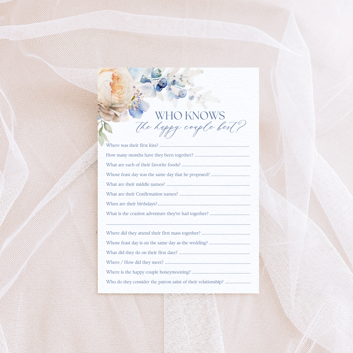 Catholic Bridal Shower Games: Who Knows the Happy Couple Best | Physical Card