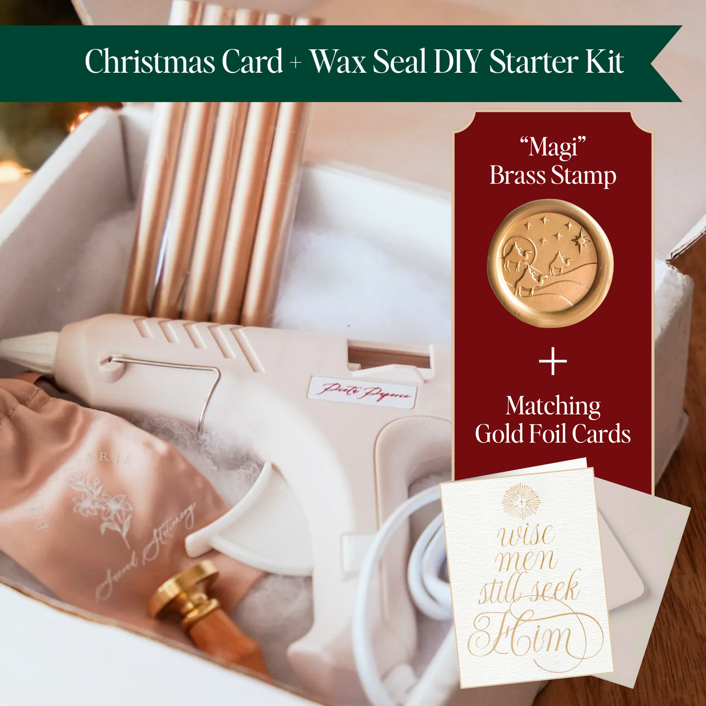 Catholic Christmas Cards + Wax Seal DIY Starter Kit, Wise Men Stamp, Wise Men Still Seek Him Cards