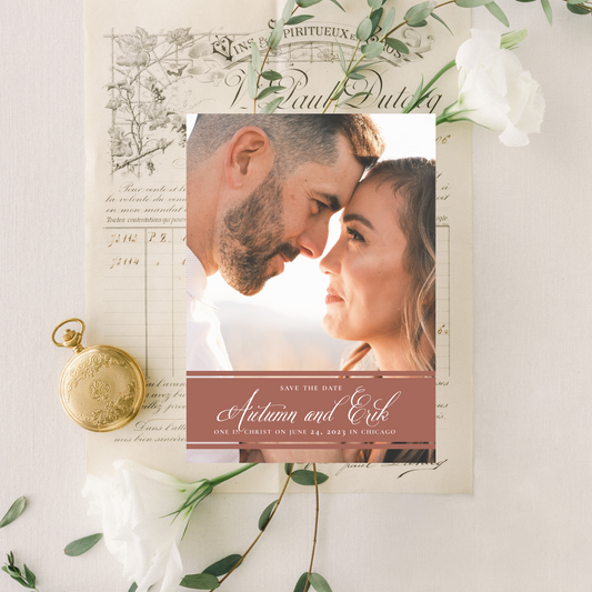 Custom Photo with Banner Catholic Wedding Save the Dates