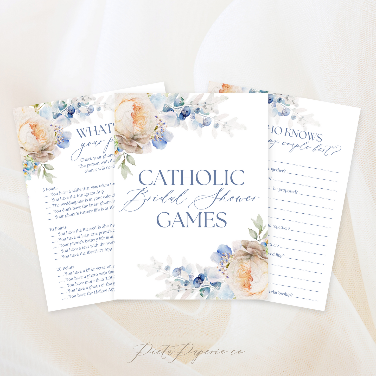 Classic Blue & White Floral, Catholic Bridal Shower Games | Instant Digital Download