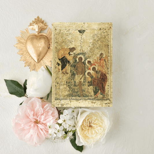 Catholic Mass Cards, Gilded Baptism of Christ, Baptism Mass Card with Optional Mass Scheduling