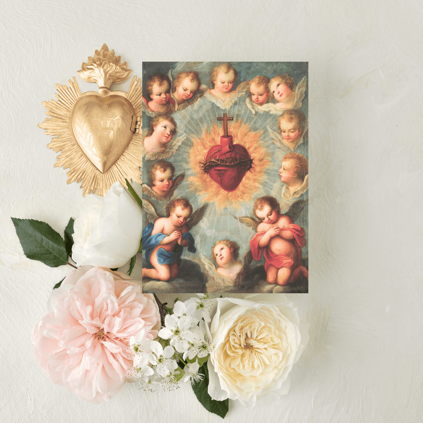 Catholic Mass Cards, Sacred Heart with Cherubs, with Optional Mass Scheduling