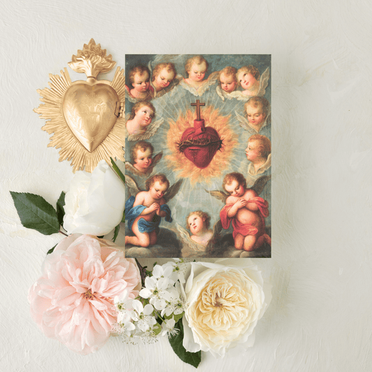 Catholic Mass Cards, Sacred Heart with Cherubs, Mass Intention Cards