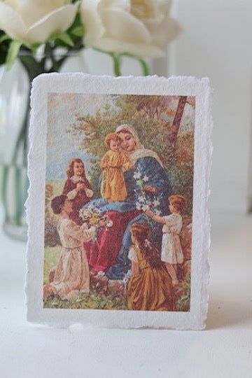 Mama Mary and the Children on Deckled-edge Handmade Paper Sacred Art Print