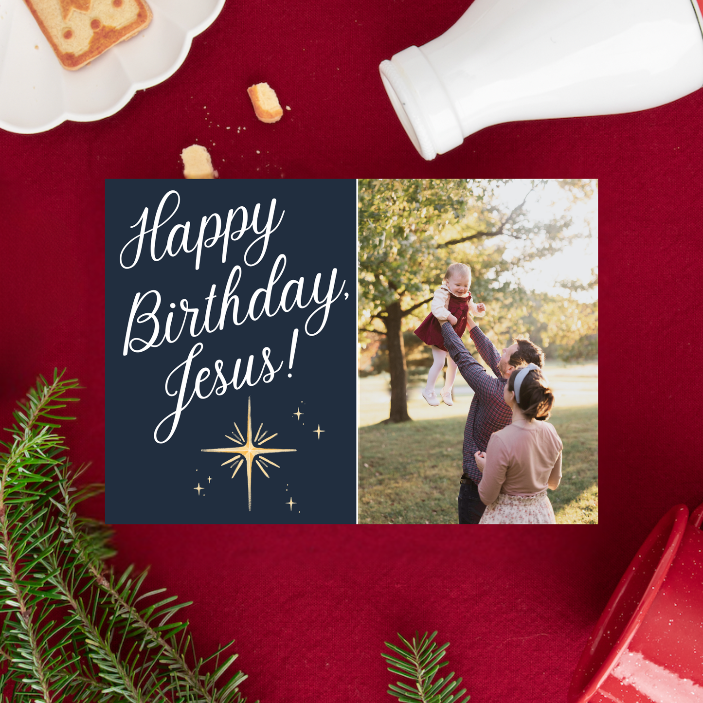 Personalized Catholic Christmas Cards, Jesus' Birthday Star in Navy, with optional Addressed Envelopes