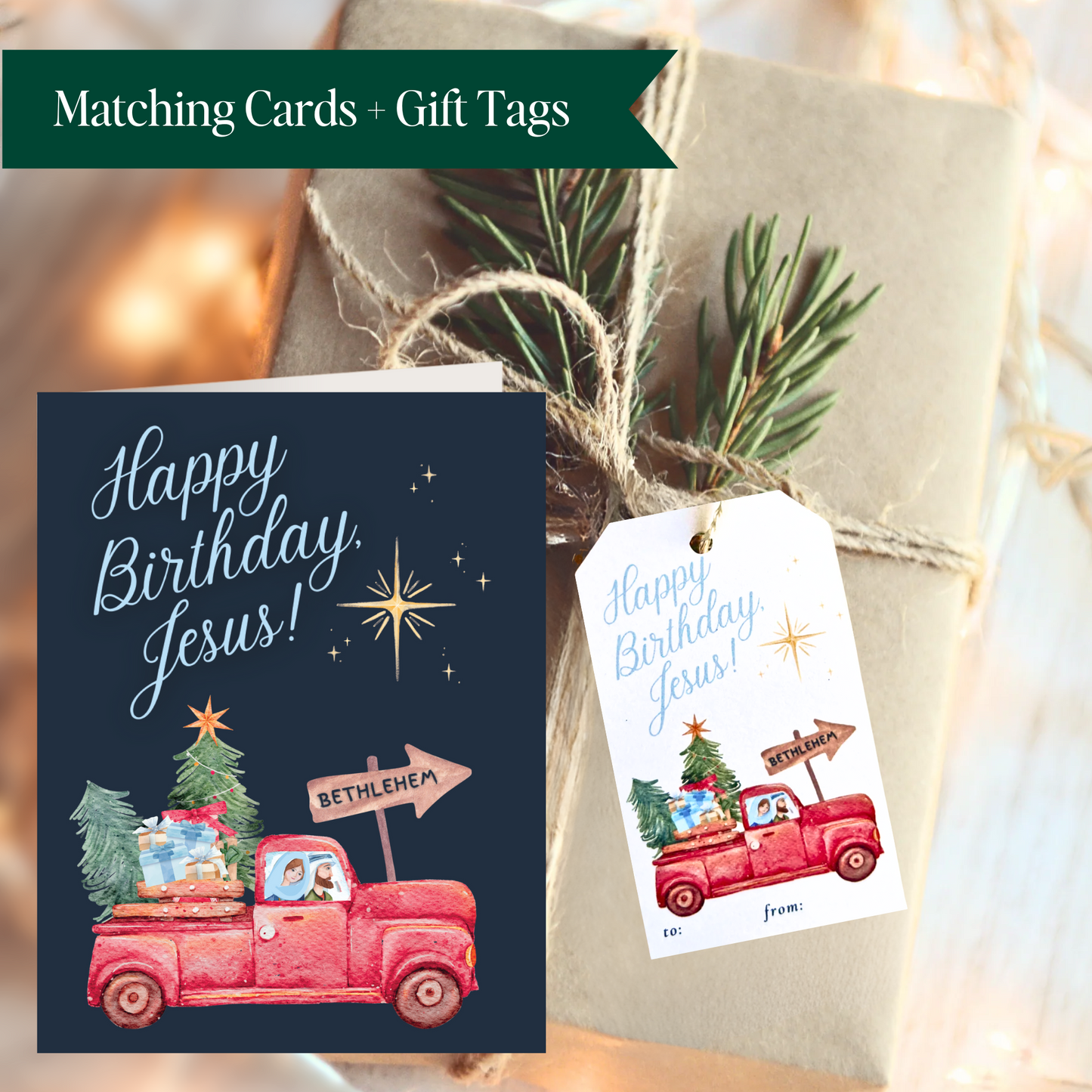 Happy Birthday Jesus, Catholic Christmas Card and Gift Tag Bundle, Pack of 5