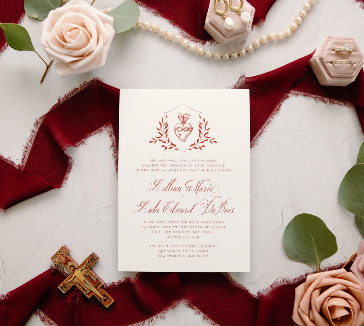 Catholic Wedding Invitations Sacred Heart Of Jesus Crest Semi Custom Pieta Paperie Llc 3034