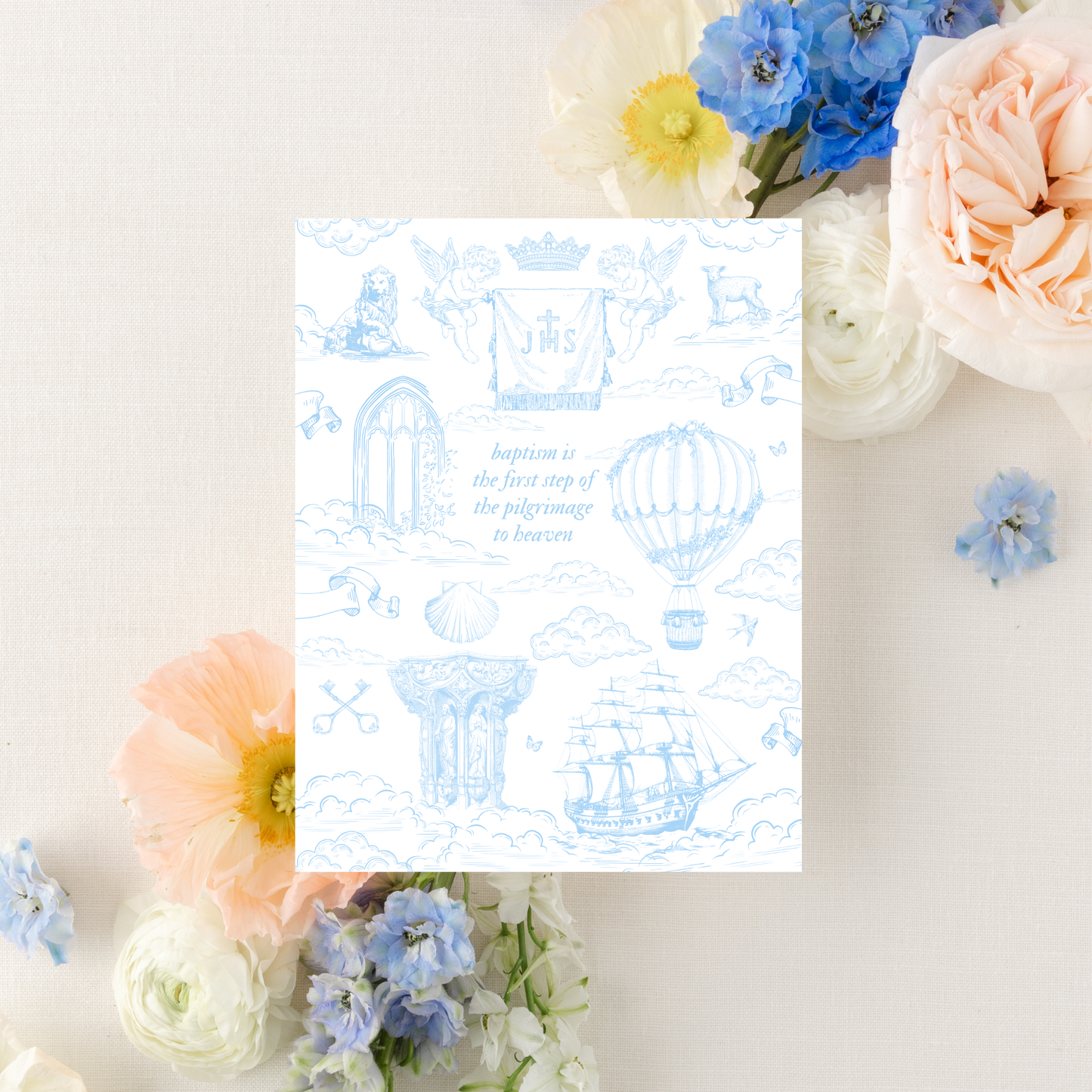 Catholic Baptism Card, Pilgrimage French Toile Greeting Card