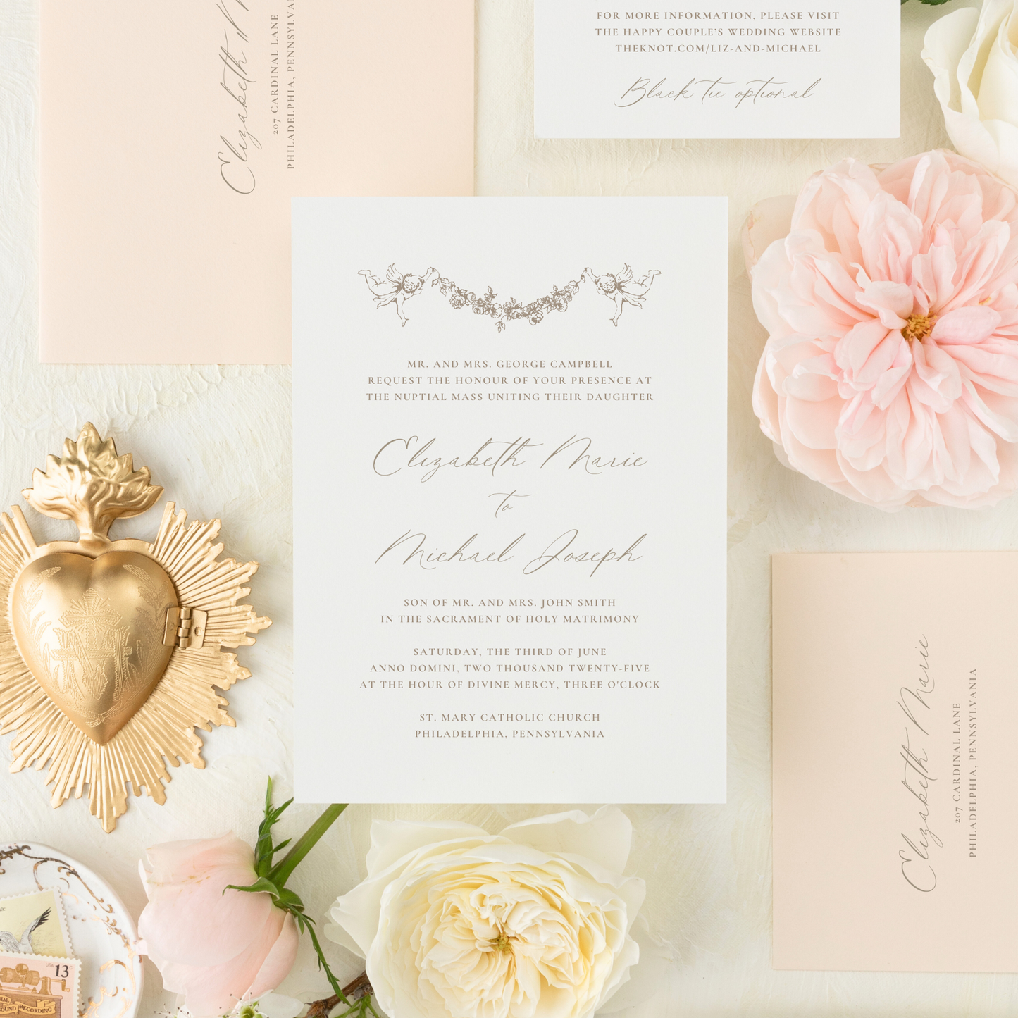 Catholic Wedding Invitation Suite, Marian Garland with Angels, Semi-custom