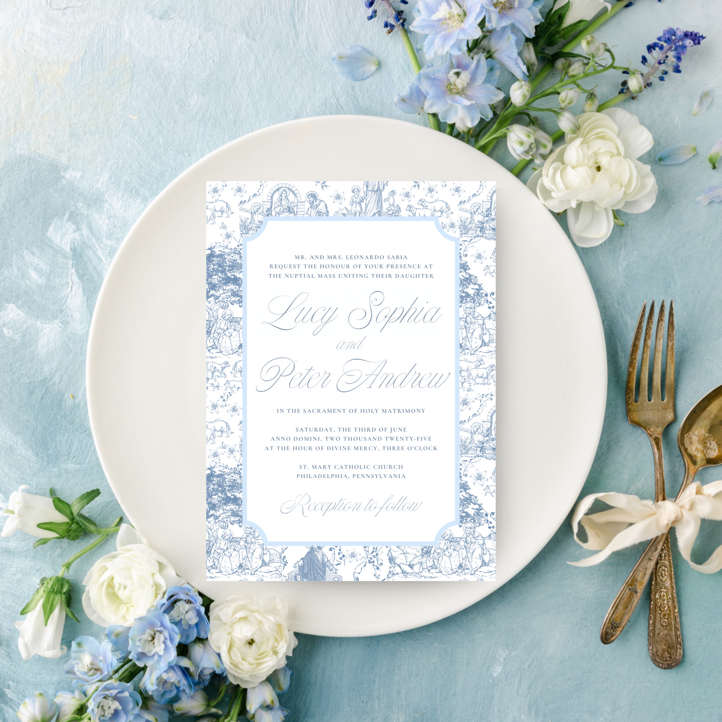 Catholic Wedding Invitation Suite, Holy Family French Toile, Semi-custom