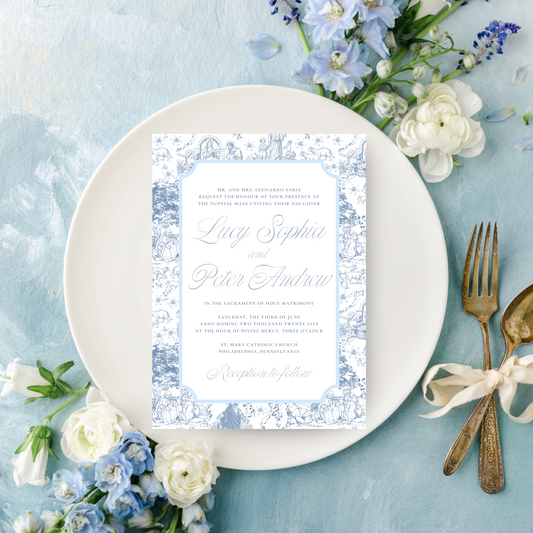 Catholic Wedding Invitation Suite, Holy Family French Toile, Semi-custom