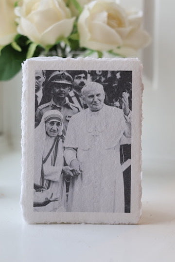 Mother Theresa and Saint Pope John Paul on Deckled-edge Handmade Paper Sacred Art Print