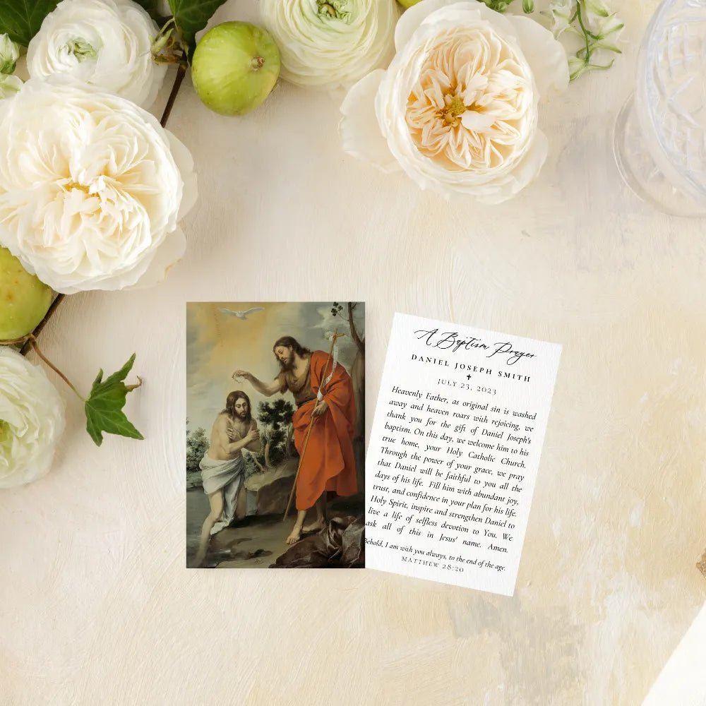 Catholic Baptism Prayer Cards, The Baptism of Jesus by Saint John (Semi-Custom)